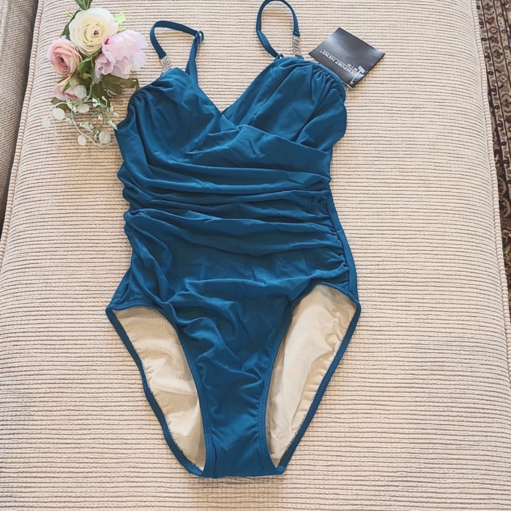 Teal Blue, surplice one piece swimsuit